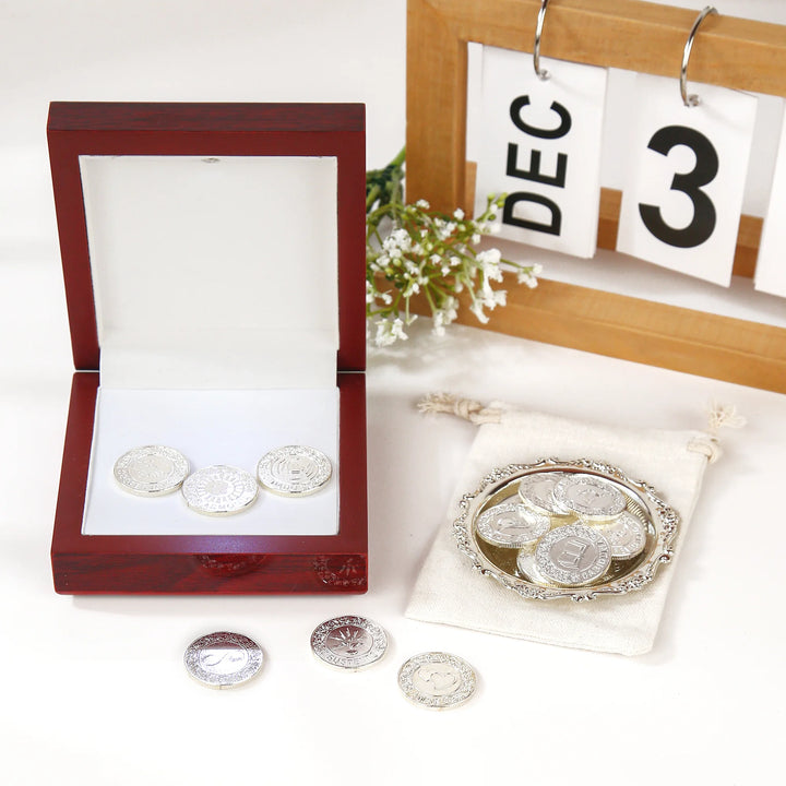 13 pcs Spanish Las Arras de Boda Wedding Coins with Luxury Wooden Box – Arras para Boda for Wedding Ceremony - TINGKU