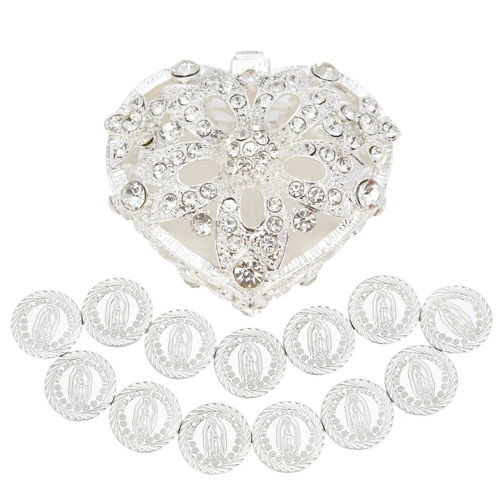 13 pcs Virgen de Guadalupe Wedding Arras Coins Set with Diamond Five - Flower Heart Box, Personalized Arras de Boda Cristiana, Wedding Ceremony Accessories - TINGKU