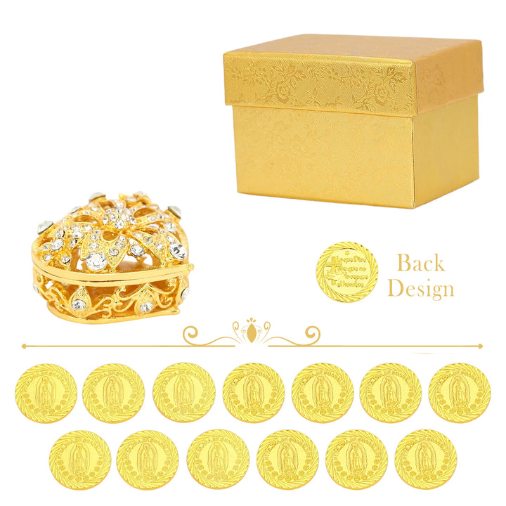 13 pcs Virgen de Guadalupe Wedding Arras Coins Set with Diamond Five - Flower Heart Box, Personalized Arras de Boda Cristiana, Wedding Ceremony Accessories - TINGKU