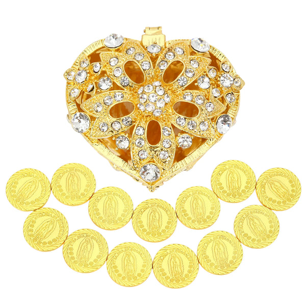 13 pcs Virgen de Guadalupe Wedding Arras Coins Set with Diamond Five - Flower Heart Box, Personalized Arras de Boda Cristiana, Wedding Ceremony Accessories - TINGKU