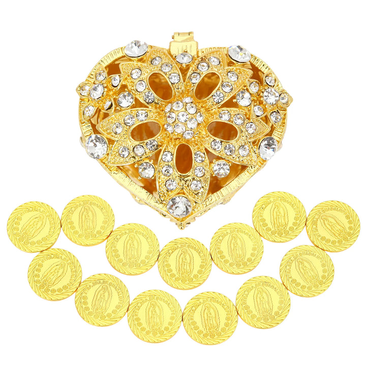 13 pcs Virgen de Guadalupe Wedding Arras Coins Set with Diamond Five - Flower Heart Box, Personalized Arras de Boda Cristiana, Wedding Ceremony Accessories - TINGKU