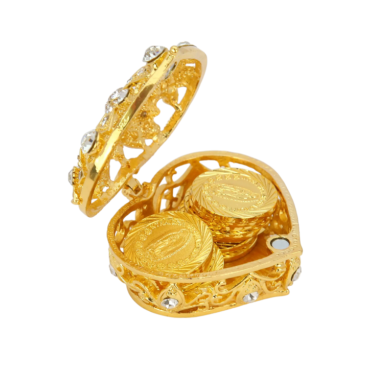 13 pcs Virgen de Guadalupe Wedding Arras Coins Set with Diamond Five - Flower Heart Box, Personalized Arras de Boda Cristiana, Wedding Ceremony Accessories - TINGKU