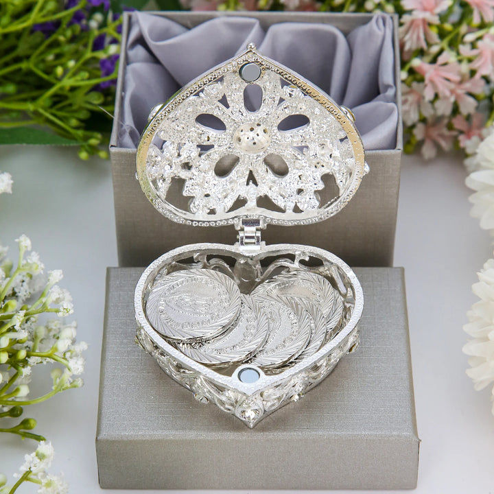 13 pcs Virgen de Guadalupe Wedding Arras Coins Set with Diamond Five - Flower Heart Box, Personalized Arras de Boda Cristiana, Wedding Ceremony Accessories - TINGKU