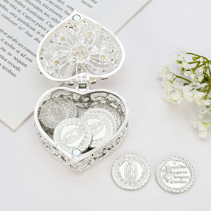 13 pcs Virgen de Guadalupe Wedding Arras Coins Set with Heart Shape Box, Arras De Boda Cristiana, Wedding Accessories for Ceremony - Pearls Windmill - TINGKU