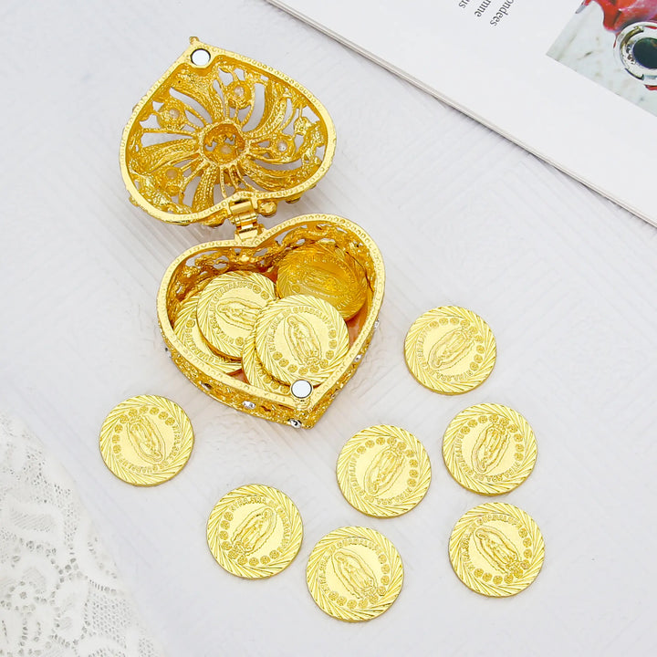 13 pcs Virgen de Guadalupe Wedding Arras Coins Set with Heart Shape Box, Arras De Boda Cristiana, Wedding Accessories for Ceremony - Pearls Windmill - TINGKU