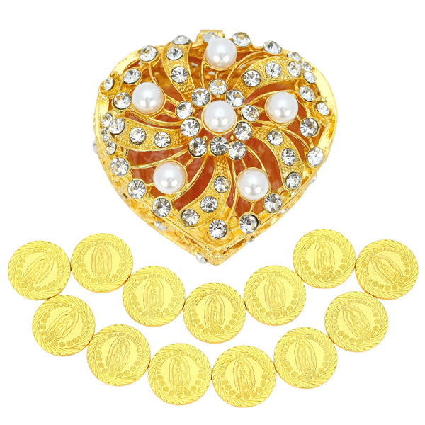 13 pcs Virgen de Guadalupe Wedding Arras Coins Set with Heart Shape Box, Arras De Boda Cristiana, Wedding Accessories for Ceremony - Pearls Windmill - TINGKU