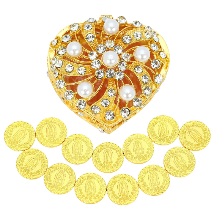 13 pcs Virgen de Guadalupe Wedding Arras Coins Set with Heart Shape Box, Arras De Boda Cristiana, Wedding Accessories for Ceremony - Pearls Windmill - TINGKU