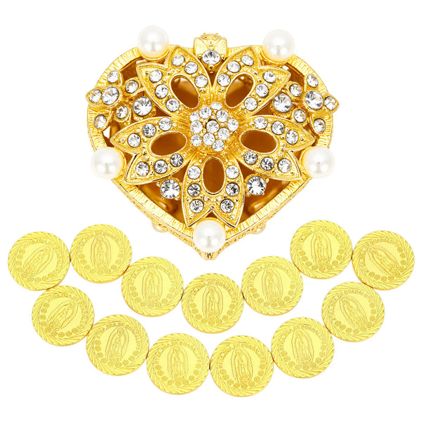 13 pcs Virgen de Guadalupe Wedding Arras Coins Set with Heart - Shaped Pearl Windmill Box, Arras de Boda Cristiana, Wedding Ceremony Accessories - TINGKU