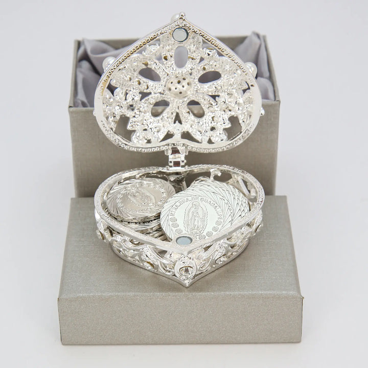 13 pcs Virgen de Guadalupe Wedding Arras Coins Set with Heart - Shaped Pearl Windmill Box, Arras de Boda Cristiana, Wedding Ceremony Accessories - TINGKU