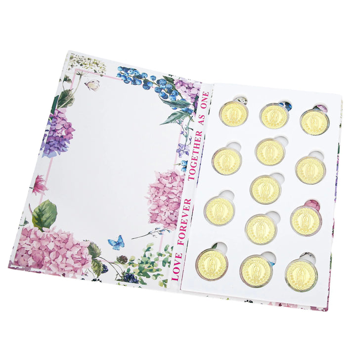 13 pcs Virgen de Guadalupe Wedding Arras Coins with Keepsake Book Box – Mexican Wedding Unity Coins Set - TINGKU