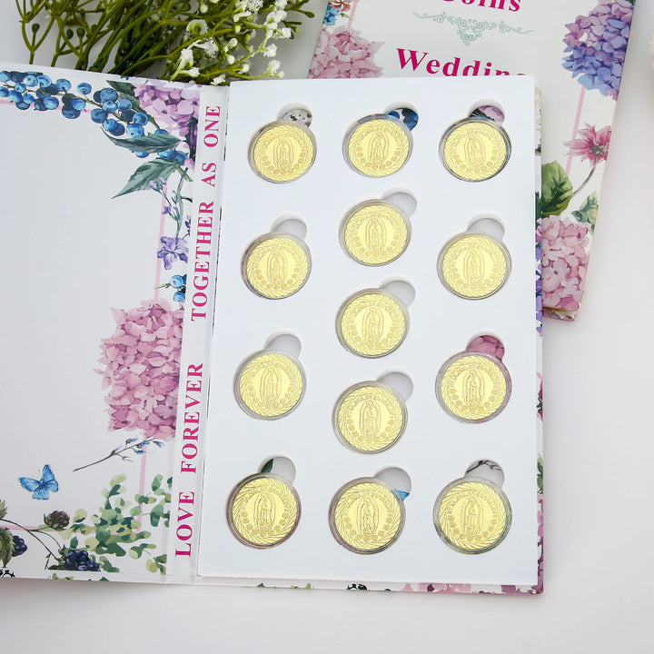13 pcs Virgen de Guadalupe Wedding Arras Coins with Keepsake Book Box – Mexican Wedding Unity Coins Set - TINGKU