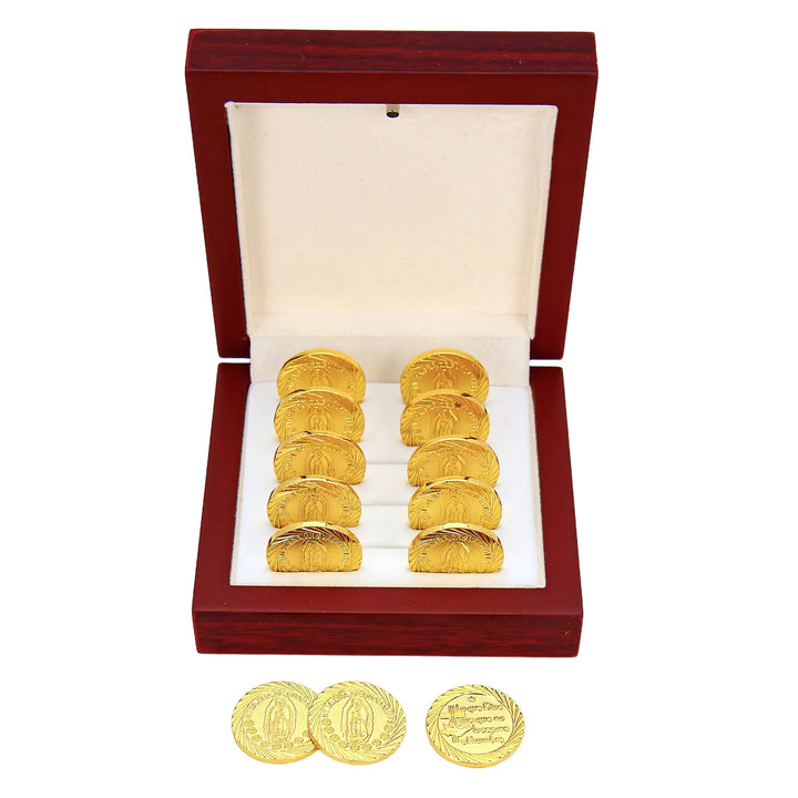 13 pcs Virgen of Guadalupe Wedding Arras Coins with Luxury Wooden Box - Las Arras de Boda for Wedding Ceremony - TINGKU