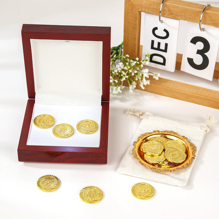 13 pcs Virgen of Guadalupe Wedding Arras Coins with Luxury Wooden Box - Las Arras de Boda for Wedding Ceremony - TINGKU