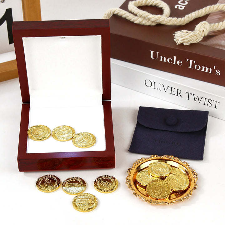 13 pcs Virgen of Guadalupe Wedding Arras Coins with Luxury Wooden Box - Las Arras de Boda for Wedding Ceremony - TINGKU