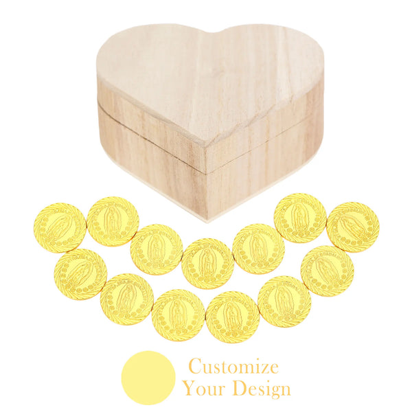 Juego de Arras Virgen de Guadalupe Personalizado – 13 Monedas de Boda en Caja Corazón de Madera