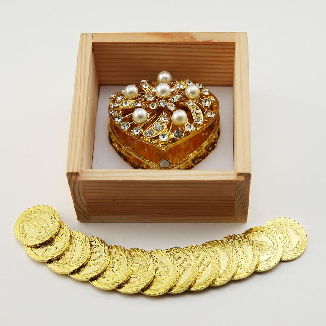 Elegant Heart Box with Pearl Wedding Arras Peach Heart Storage Box Wooden