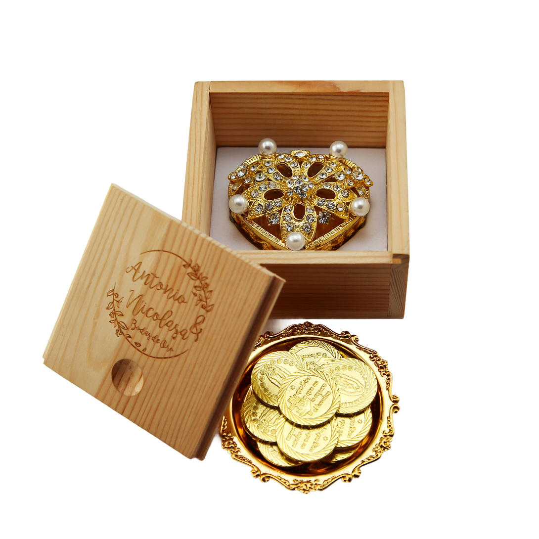 TINGKU® Wedding Arras with Wooden Box, Elegant Heart Box with Wedding Unity Coins Set