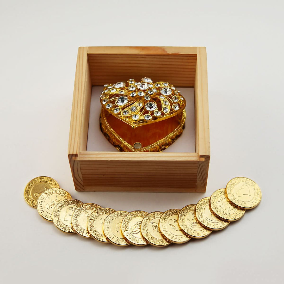 TINGKU® Wedding Arras with Wooden Box, Elegant Heart Box with Wedding Unity Coins Set