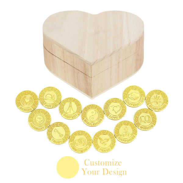 Personalized English Wedding Unity Coins Set – 13 Custom Coins with Heart-Shaped Wooden Keepsake Box for Arras Ceremony