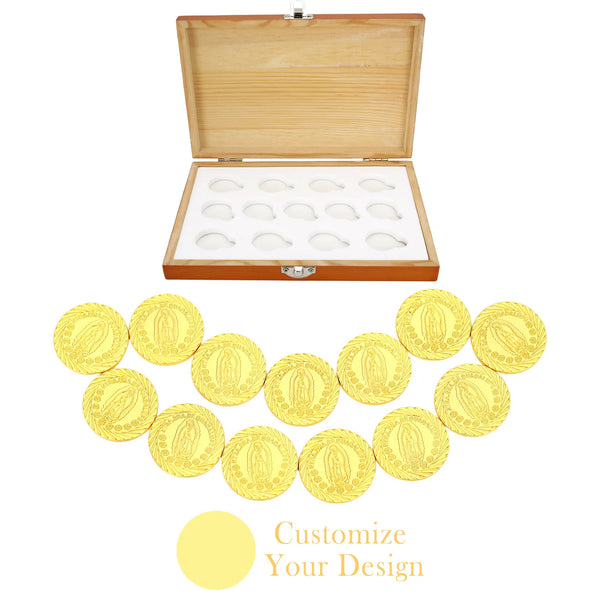 Juego de Arras Virgen de Guadalupe Personalizado – 13 Monedas de Boda con Caja Roja de Madera