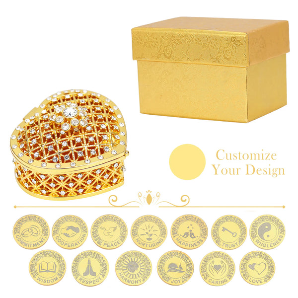 English Personalized Full Diamond Heart Shaped Box Wedding Arras Unity Coins Set – 13 Custom Engraved Unity Coins