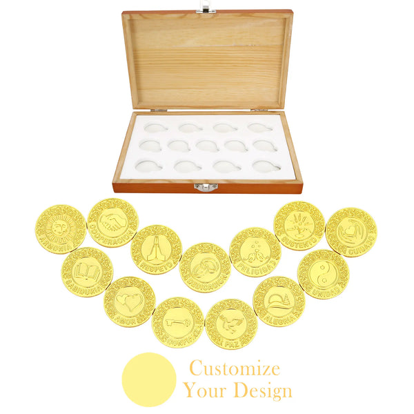Juego de Arras de Boda Personalizado – 13 Monedas de Unión en Caja Roja de Madera | Ceremonia Tradicional Española