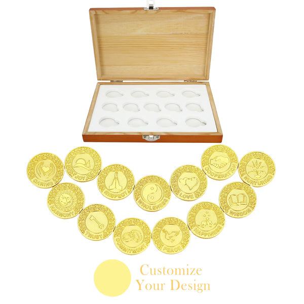 Personalized 13‑Piece Wedding Unity Coin Set with Red Wooden Box – English Arras Ceremony Keepsake