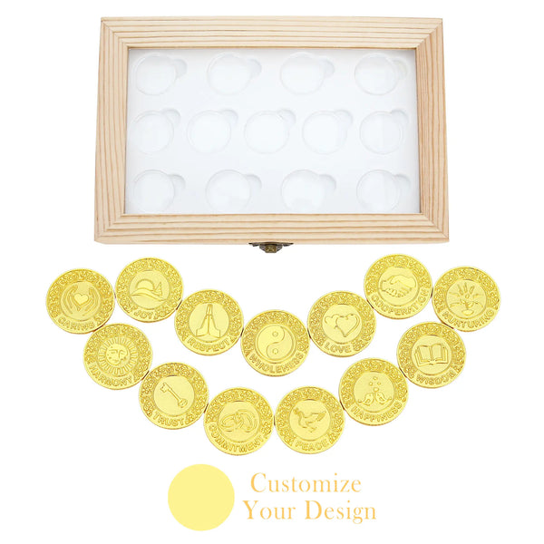 Personalized 13‑Piece Wedding Unity Coin Set with Transparent Wooden Display Box – English Arras Ceremony Keepsake
