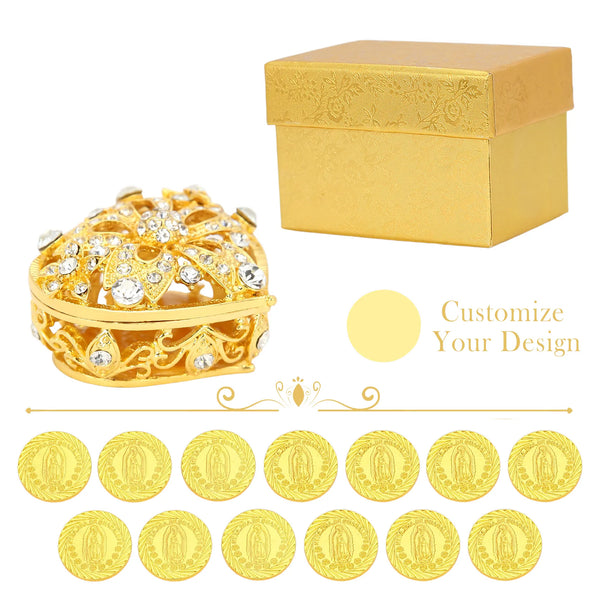 Personalized Virgen de Guadalupe Wedding Arras Unity Coin Set – 13 Engraved Coins with Five-Flower Diamond Heart Box
