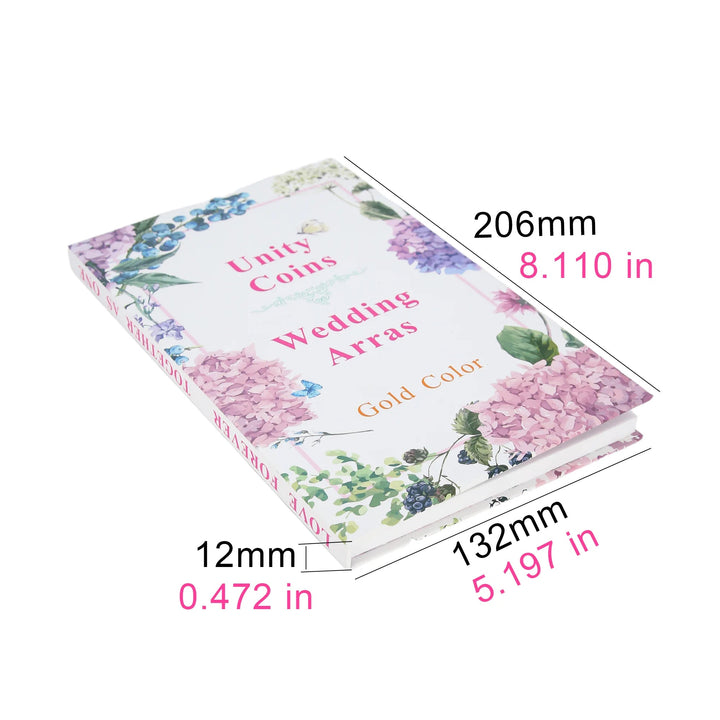 Floral Wedding Unity Coins Book Box, size 8.11 x 5.20 x 0.47 inches, designed to hold 13 gold arras coins for Catholic wedding traditions. Elegant keepsake packaging with hydrangea design, perfect for Christian marriage ceremonies, wedding accessories, and meaningful anniversary gifts - tingkucoins.com