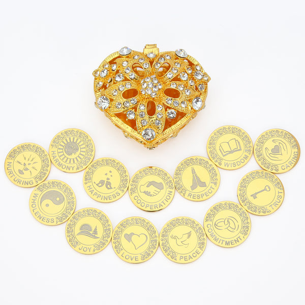 Personalized 13 Pcs English Wedding Arrhae Coins with Heart Shape Box, Custom Engraved Wedding Arras Unity Coins Set - Full Rhinestones Flower