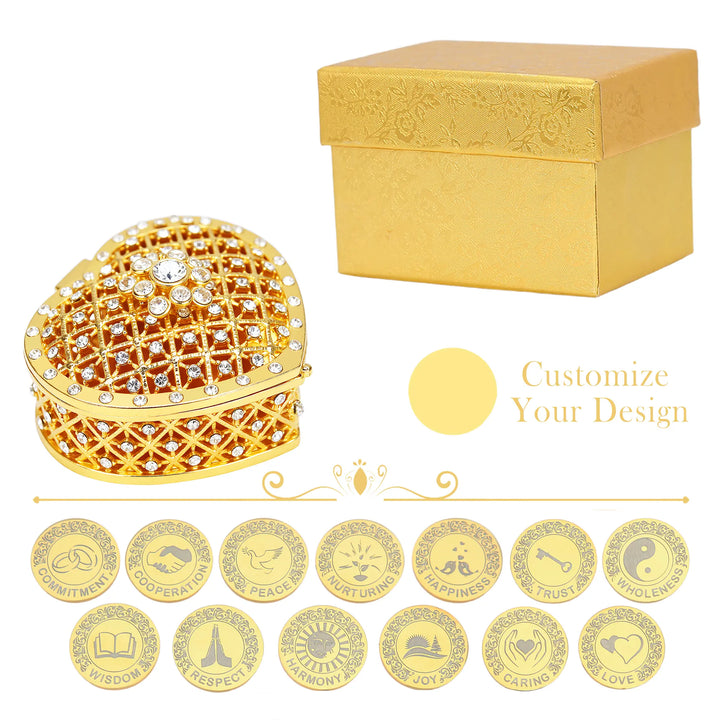 Custom Engraved 13 pcs English Words Wedding Arrhae Coins with Heart Shape Box, Personalized Wedding Arras Unity Coins Set - Full Rhinestones Heart - tingkucoins.com