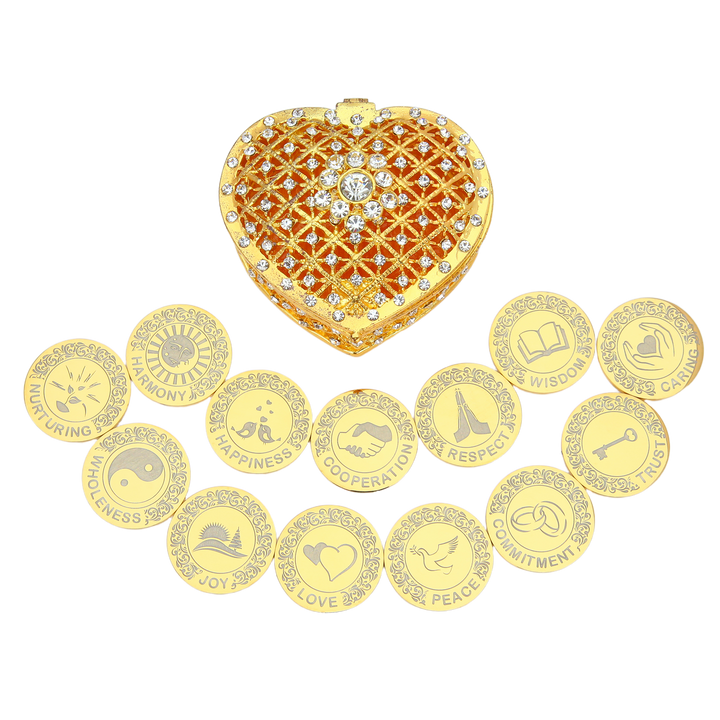 Custom Engraved 13 pcs English Words Wedding Arrhae Coins with Heart Shape Box, Personalized Wedding Arras Unity Coins Set - Full Rhinestones Heart - TINGKU
