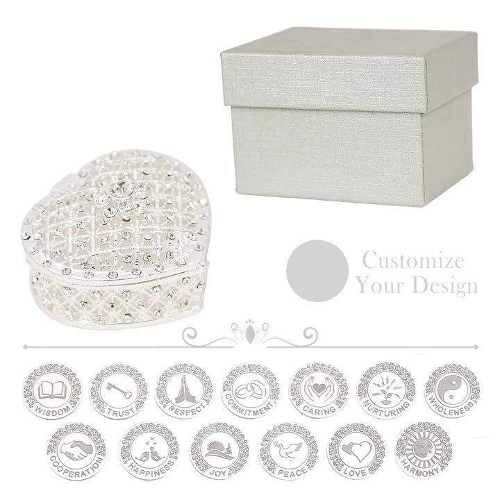 Custom Engraved 13 pcs English Words Wedding Arrhae Coins with Heart Shape Box, Personalized Wedding Arras Unity Coins Set - Full Rhinestones Heart - TINGKU