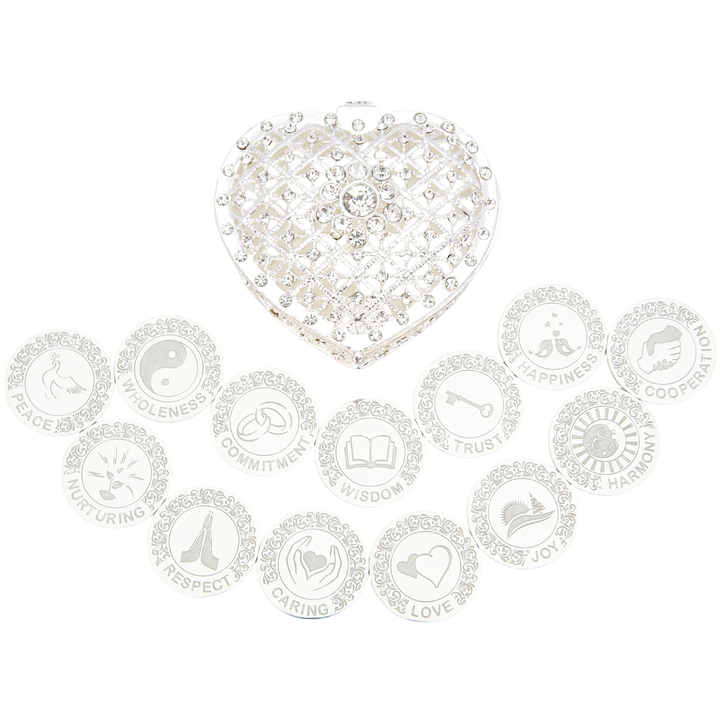 Custom Engraved 13 pcs English Words Wedding Arrhae Coins with Heart Shape Box, Personalized Wedding Arras Unity Coins Set - Full Rhinestones Heart - TINGKU