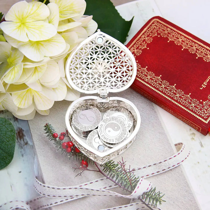 Custom Engraved 13 pcs English Words Wedding Arrhae Coins with Heart Shape Box, Personalized Wedding Arras Unity Coins Set - Full Rhinestones Heart - TINGKU