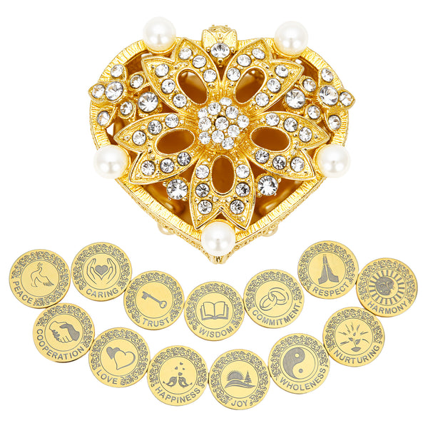 Personalized 13 Pcs English Wedding Arrhae Coins with Heart Shape Box, Custom Engraved Wedding Arras Unity Coins Set - Pearls Flower