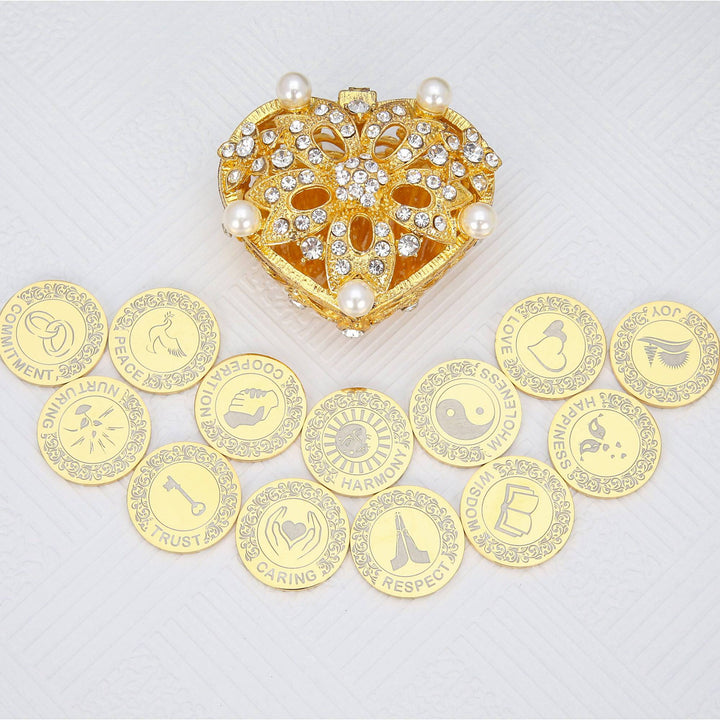 Personalized Five Flower Pearl Heart Box Wedding Arras Unity Coins Set - TINGKU
