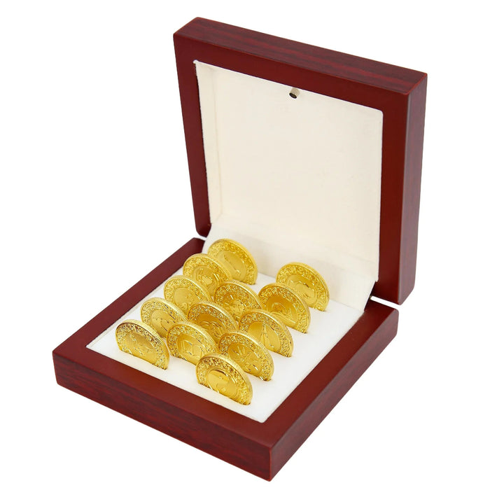 This set of 13 golden unity coins is elegantly displayed in a luxurious wooden box with soft white lining. The coins feature intricate designs, symbolizing important values such as love, trust, and respect, making it a perfect addition to Catholic or Christian wedding ceremonies. Ideal as a meaningful keepsake or gift, this set celebrates unity and commitment - tingkucoins.com