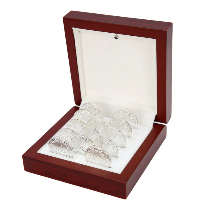 Premium silver Arras de Boda set with 13 unity coins displayed in a luxury wooden box. Ideal for Catholic wedding ceremonies, Spanish unity traditions, and symbolic matrimonio gifts that honor love, faith, and lifelong commitment - tingkucoins.com
