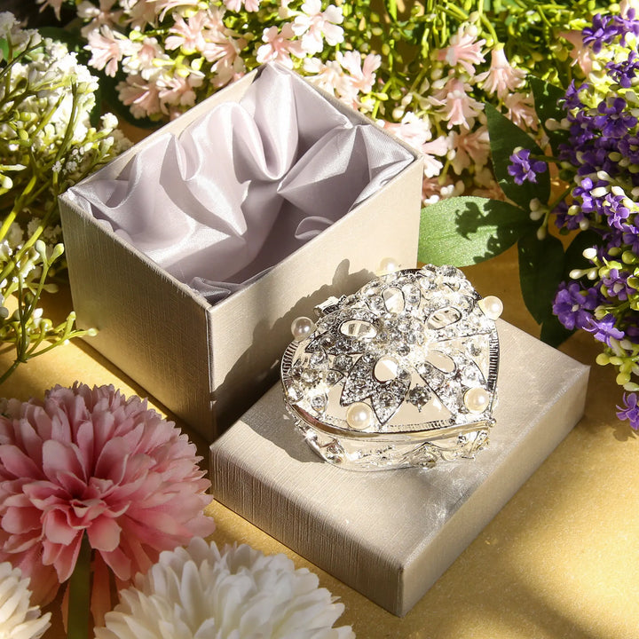 Ornate silver keepsake heart with diamonds and pearls, designed to protect and display 13 Spanish unity coins beautifully - tingkucoins.com