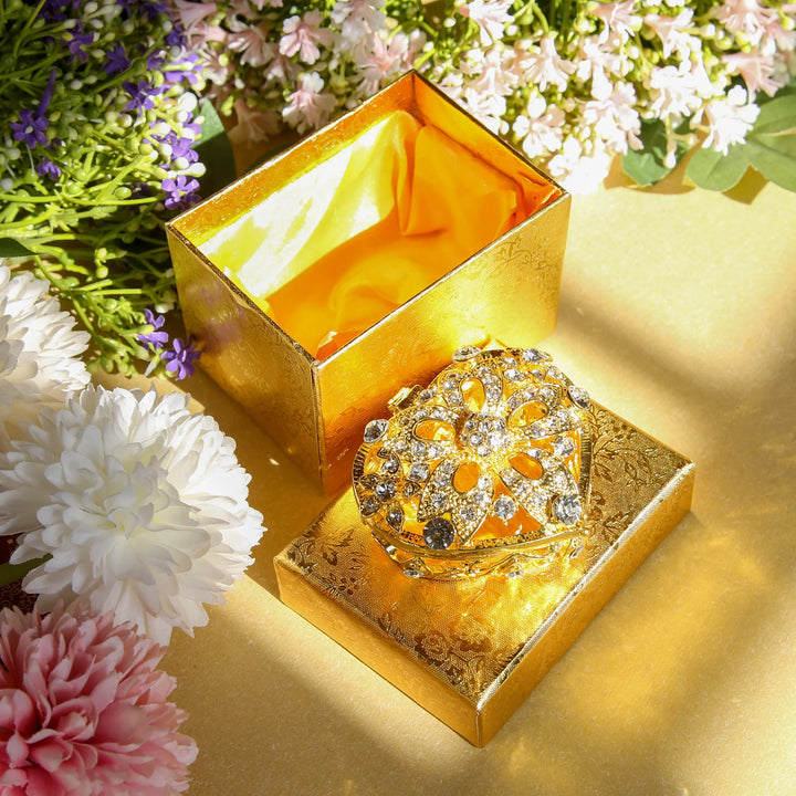 Gold heart-shaped box with sparkling diamonds, paired with a premium gift box for a refined wedding presentation - tingkucoins.com