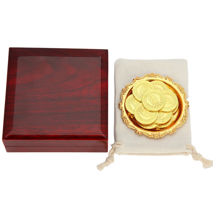 Traditional wedding arras set with 13 gold coins embossed with the Virgin of Guadalupe, paired with a decorative gold tray, fabric pouch, and elegant wooden box. Perfect for Catholic and Christian weddings, representing love, faith, and the sacred bond of marriage - tingkucoins.com