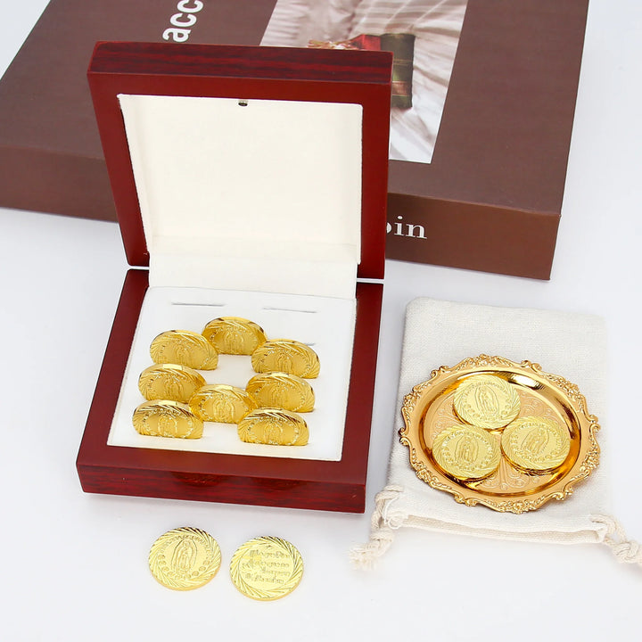 Elegant Arras de Boda wedding set featuring 13 gold unity coins with the sacred image of Our Lady of Guadalupe. Includes an ornate golden tray, soft linen pouch, and polished wooden gift box. A meaningful Catholic ceremony keepsake symbolizing unity, prosperity, and blessings - tingkucoins.com