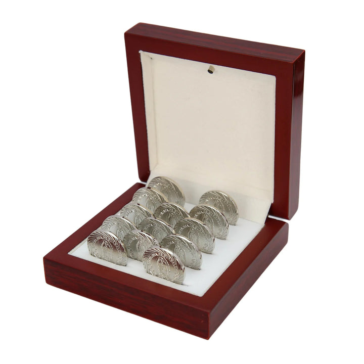 Traditional Arras Matrimoniales set with 13 silver unity coins embossed with the Virgin of Guadalupe, displayed in a classic wooden gift box with white lining. A meaningful Catholic wedding accessory representing love, faith, unity, and lasting prosperity for couples - tingkucoins.com