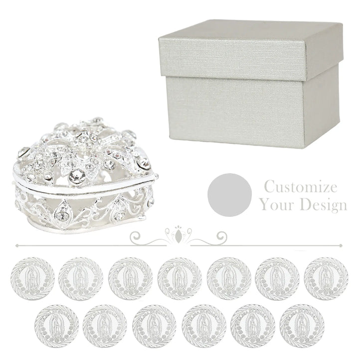 Elegant Wedding Unity Coins Set with Heart Shaped Rhinestone Box and Gift Packaging. Includes 13 silver arras coins featuring Our Lady of Guadalupe design, perfect for Catholic wedding ceremony traditions, Christian marriage rituals, and meaningful wedding accessories or keepsake gifts - tingkucoins.com
