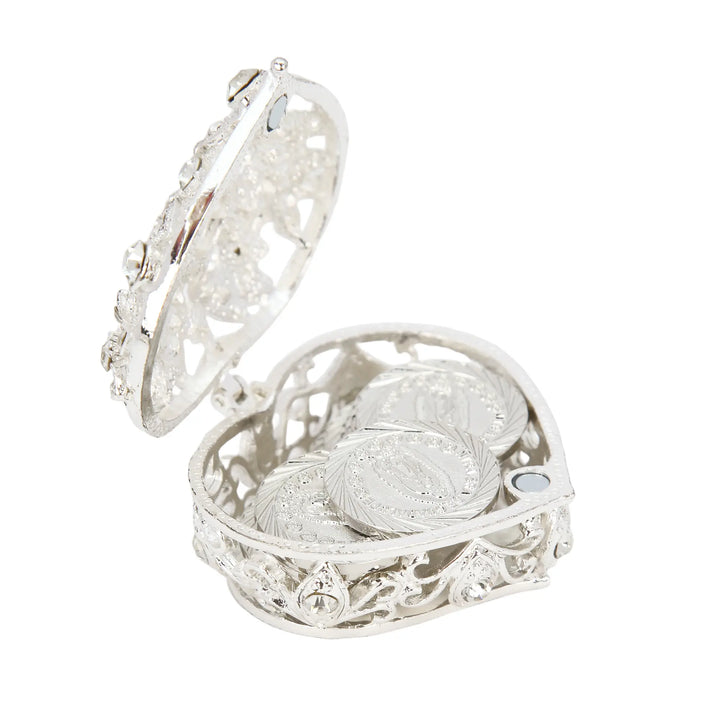 Catholic wedding arras coins with decorative rhinestone heart case. Includes 13 silver-plated coins, meaningful Virgin of Guadalupe engravings, and a luxurious heart box. Perfect unity ritual accessory and memorable gift for couples - tingkucoins.com