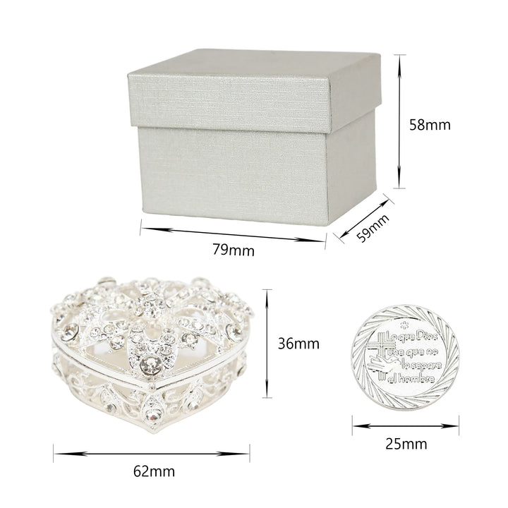 Wedding Unity Coins Set with Rhinestone Heart Box and Gift Packaging. Includes 13 silver arras coins (25mm) featuring Virgin of Guadalupe design, elegant keepsake box (62mm), and premium gift box (79x59x58mm). Perfect for Catholic wedding traditions, Christian ceremonies, and meaningful marriage gifts - tingkucoins.com