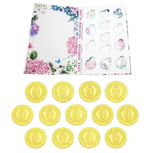 Elegant Wedding Unity Coins Set with Floral Gift Box. Includes 13 gold arras coins featuring Our Lady of Guadalupe design, perfect for Catholic wedding ceremony traditions, Christian marriage rituals, and symbolic keepsake gifts. A meaningful accessory for couples joining as one - tingkucoins.com