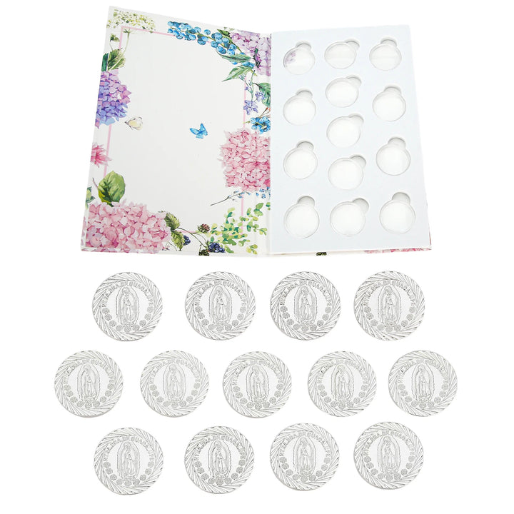 Elegant Wedding Unity Coins Set with Floral Gift Box. Includes 13 silver arras coins featuring Our Lady of Guadalupe design, perfect for Catholic wedding ceremony traditions, Christian marriage rituals, and symbolic keepsake gifts. A meaningful accessory for couples joining as one - tingkucoins.com